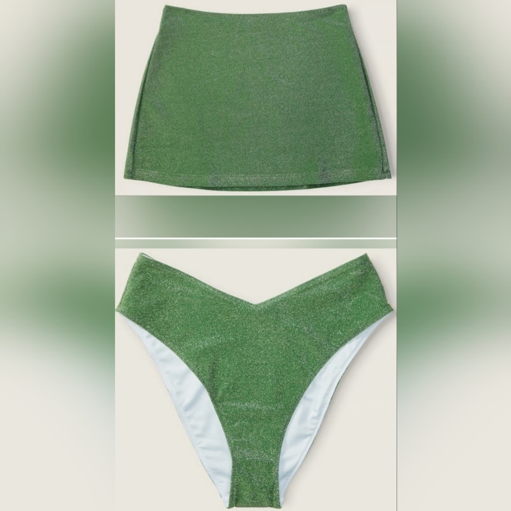 XL/XL PINK Swim Shimmer High Waist Skirt Bikini Set Green